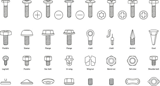 Fastener hardware icon set with bolts screws nuts tools symbols outline vector collection for construction web ui