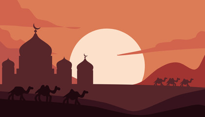 Islamic Desert Sunset Mosque Silhouette Illustration
