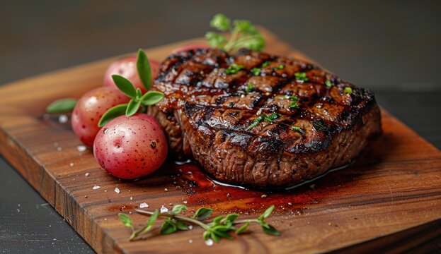 Thick grilled steak with perfect char marks, fresh herbs, and baby potatoes on a wood board