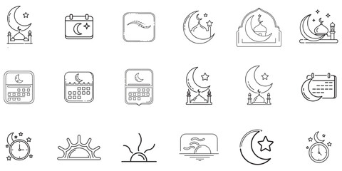 Fototapeta premium Collection of Islamic and celestial icons featuring mosques, moons, suns, and calendars
