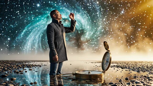 Man raises hand near giant compass with cosmic galaxy portal. Surreal time concept shows man and compass. Galaxy swirls behind man with compass. Time and space merge with man near cosmic portal.
