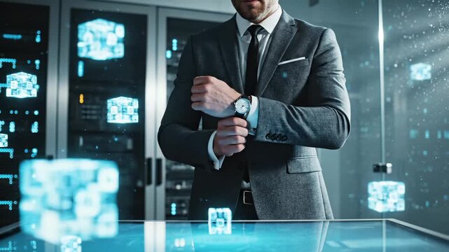 Businessman adjusts cufflink in modern office with hologram display. Executive fixes suit near digital holographic interface. Businessman in office with futuristic hologram technology display.