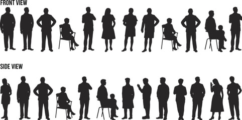 People silhouette set front and side view, men women standing sitting poses, flat vector illustration isolated