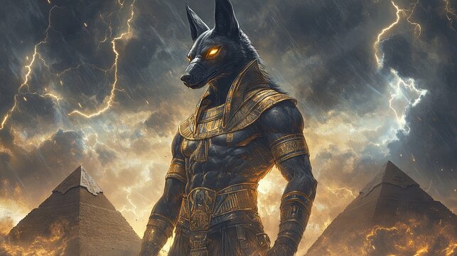 Anubis, the ancient Egyptian god of the dead, towers with a black jackal head, radiant golden eyes, and elaborate armor, set against a stormy desert with pyramids and lightning, exuding divine power