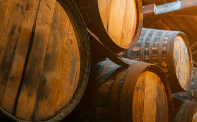 Naklejka premium Rows of wooden oak barrels in a wine cellar.