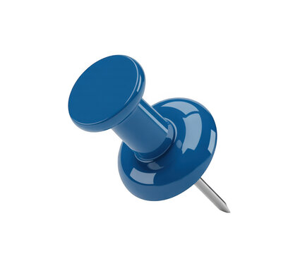 Blue push pin with shiny surface and metal point isolated on a transparent background
