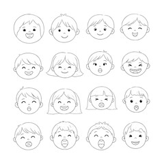 Hand drawn kids face expressions vector set with cute freehand pencil doodle portraits