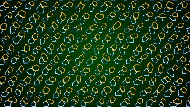 Moving stroked outlined pentagon polygon ring forms with geometric glows and flashes on dark gradient background visual effects abstract motion graphics and vivid neon lines colours orange green blue