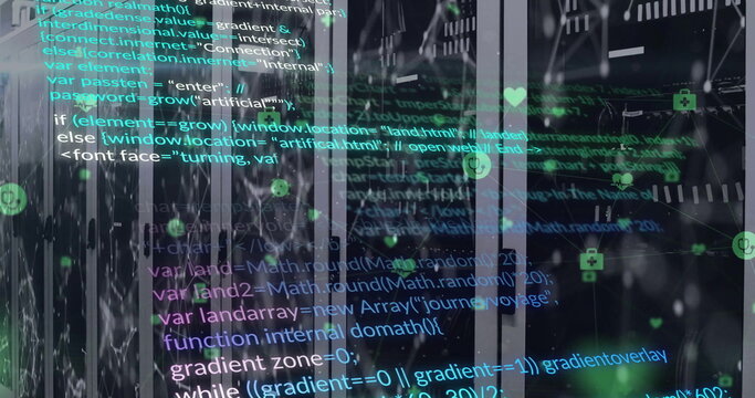 Image of computer language over connected dots on data server systems in server room