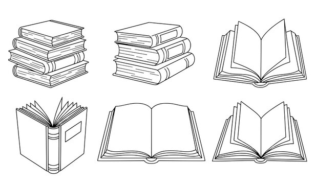 Doodle linear book vector illustration set with hand-drawn outline style for education and library design