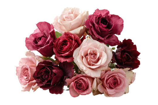 Bouquet of roses in shades of pink and burgundy isolated on transparent background. Bouquet of deep red and pale pink roses isolated on white background.