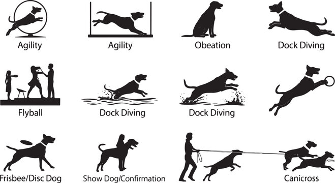 Dog sports and activities icons with silhouettes and titles