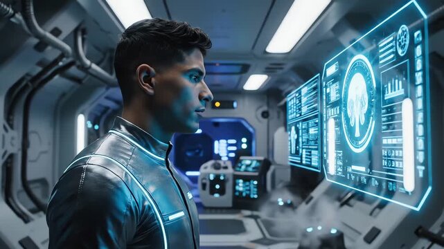 Young Man Screen Innovation Touching Interface Science Futuristic Holographic Technology