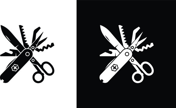 Swiss army knife silhouette icon vector, multi tool utility pocket knife with scissors and saw, camping gear equipment, flavector illustration.