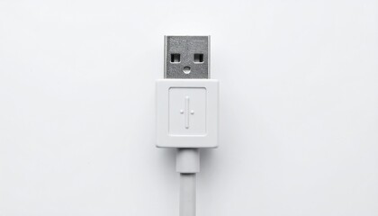 Close-up of a white USB cable on white background.