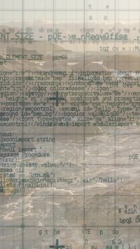 Vertical video: Code overlay starting scroll shifting thinning revealing rocks and surf for AR view