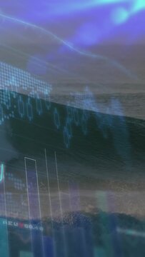 Vertical video: Data pulse driving HUD tracing charts, pulsing bars and map over sea for markets