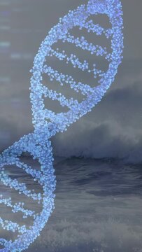 Vertical video: On start blue helix rising, rotating, shimmering over stormy sea for science