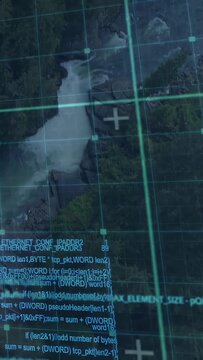 Vertical video: Scrolling code starting, teal grid scanning and marker showing river and falls