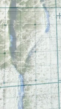 Vertical video: Swell pulse pushing surf bands moving up-right under grid, forming then fading foam