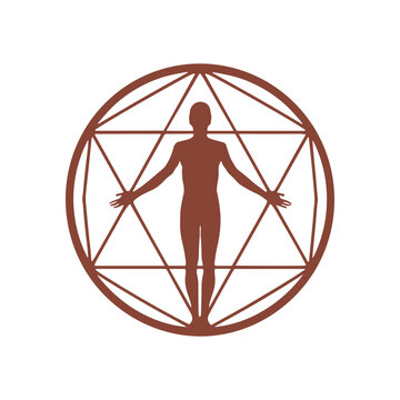 Red silhouette of a person inside a geometric circle