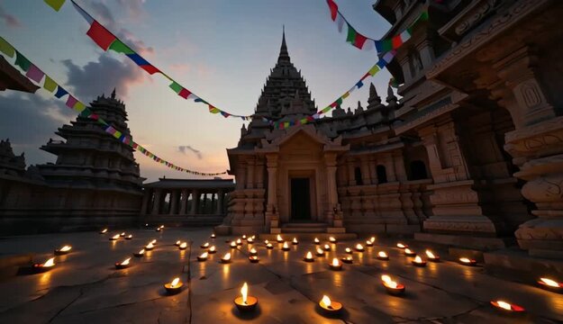 Sankat Mochan Hanuman Temple illuminated during Hanuman Jayanti celebration with oil lamps and flags at twilight
