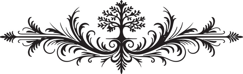 Obraz premium Black Tree of Life Ornament with Vintage Scroll Border for Nature-Inspired Designs.