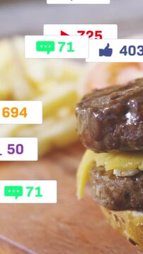 Vertical video: Badges popping over burger after cursor hover, growing counts and showing buzz