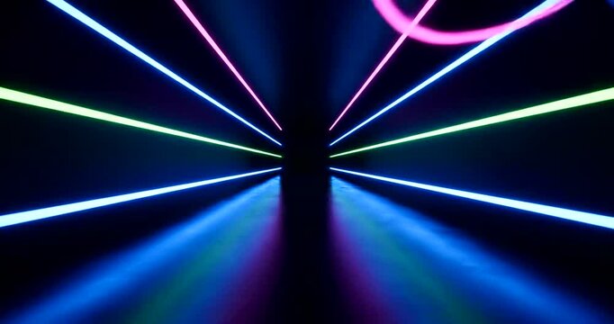 Dynamic perspective view of a glowing neon light tunnel with abstract digital patterns