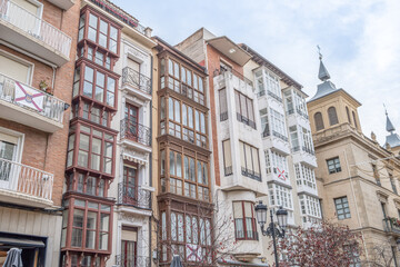 Fototapeta premium Historic Buildings with Wooden Balconies in Market Square, Logrono, Spain