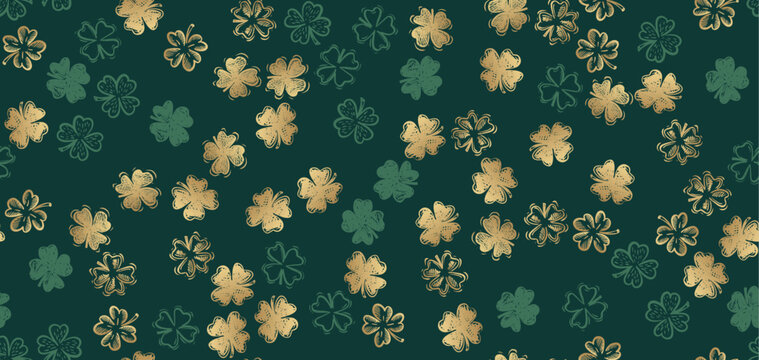 Patricks Day, Gold Clover pattern on green, hand drawn illustrations.	
