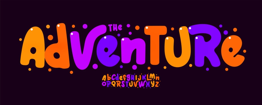 Adventure Font Logo Alphabet Birthday Carnival Letter Set Color Joyful Typography, Creative Typographic Design for Fun Kid Title, Party Poster Headline, Fest Logotype, Cartoon Fonts. Vector Typeface
