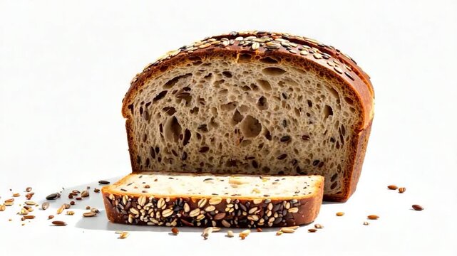 Rustic loaf, slice in front, with seeds. White background, close-up