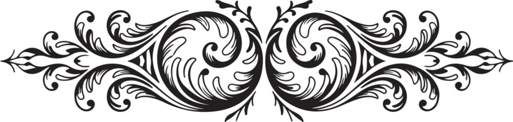 Obraz premium Elaborate Black Filigree Ornament with Symmetrical Swirls and Floral Elements, Decorative Divider.