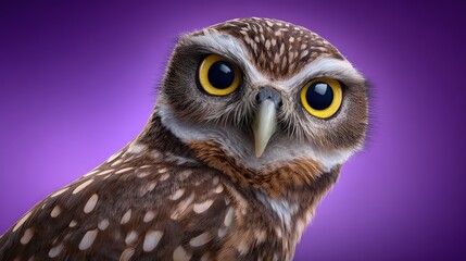 Obraz premium Close-up Portrait of a Wise Owl with Big Yellow Eyes on Purple