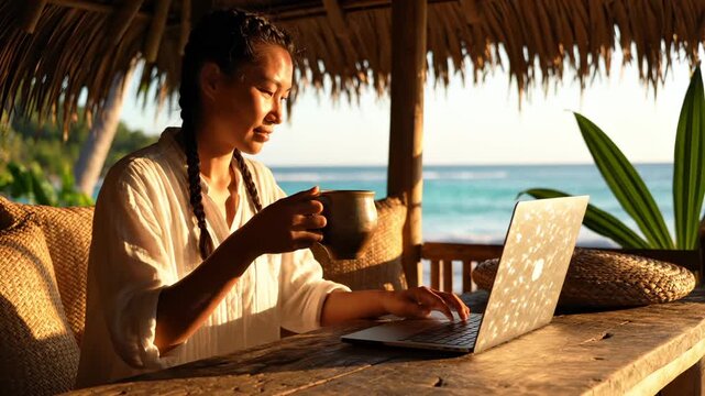 Woman works on laptop at tropical beach hut with ocean view. Female freelancer uses laptop under tiki umbrella. Woman remote working at beach. Laptop work in tropical paradise with ocean.