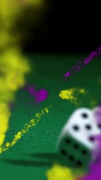 Vertical video: Two white dice rolling right as plumes erupting and sweeping, revealing pips