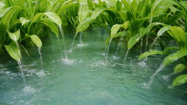 Greenery Overhanging Sprouts Feeding a Clear Stream with Gentle Water Arc