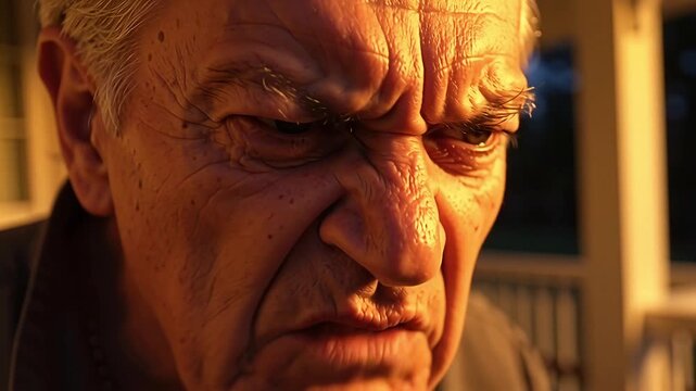 Closeup of an elderly man with a furrowed brow and intense expression.