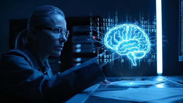 Scientist analyzes holographic brain with binary code in laboratory. Woman scientist studies brain hologram in futuristic lab. Brain hologram glows with binary data near scientist. Futuristic