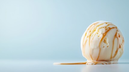 This image depicts a creamy scoop of melting vanilla ice cream, beautifully drizzled with caramel sauce, capturing the essence of indulgence and summertime joy.
