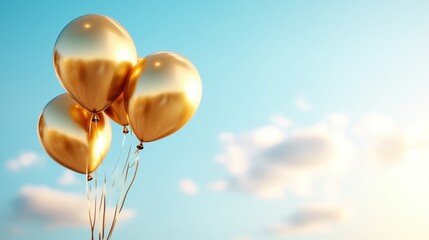 Obraz premium This image features three elegant shiny golden balloons against a bright, blue sky, representing celebration, joy, and a sense of freedom and adventure in life.