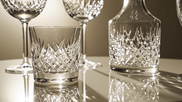 Elegant Crystal Glassware with Soft Reflections on Ivory Background