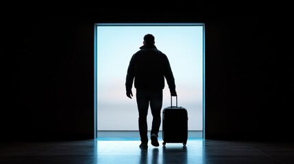 Obraz premium A captivating silhouette of a traveler exiting through a doorway with a suitcase, symbolizing adventure, new beginnings, and the journey of life into the unknown.
