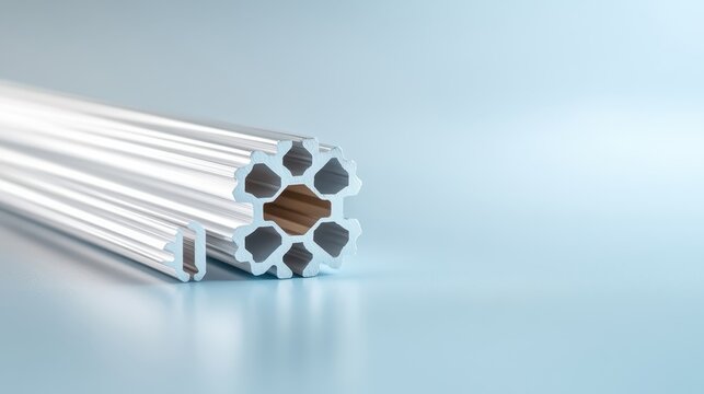 Located against a soft blue backdrop, two aluminum tubes feature a unique hexagonal design, presenting modernity and craftsmanship in material aesthetics.