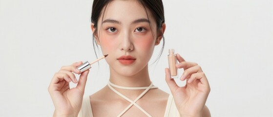 Young woman holding cosmetic makeup products on white background clean beauty skincare advertising concept