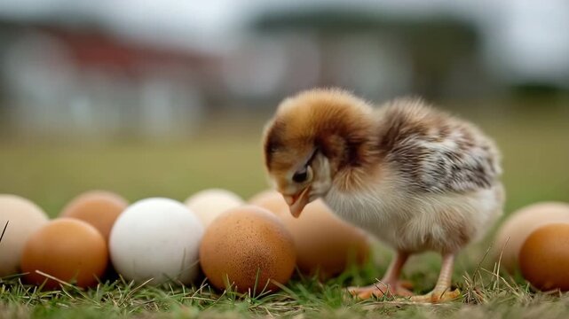 On a green meadow, a fluffy young chick stands next to a group of brown and white eggs.