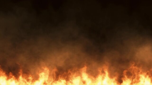 Intense fire flames burning with smoke in the dark background.