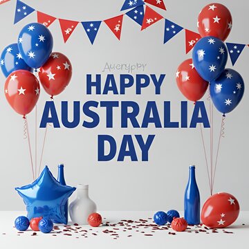Festive graphic design wishing everyone a happy australia day celebration featuring patriotic balloons and bold typography elements against a clean backdrop balloon backdrop decoration celebration par