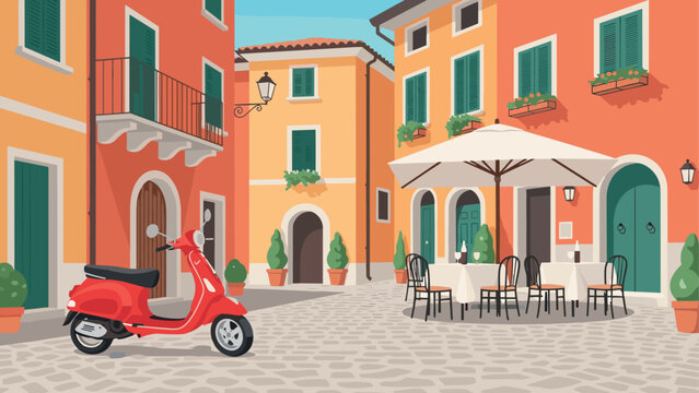 Charming Italian piazza scene with a red scooter parked near a cafe terrace